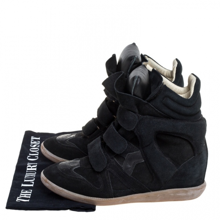Pre Owned Isabel Marant Black Suede Leather Beckett Wedge High Top Sneakers Size 39