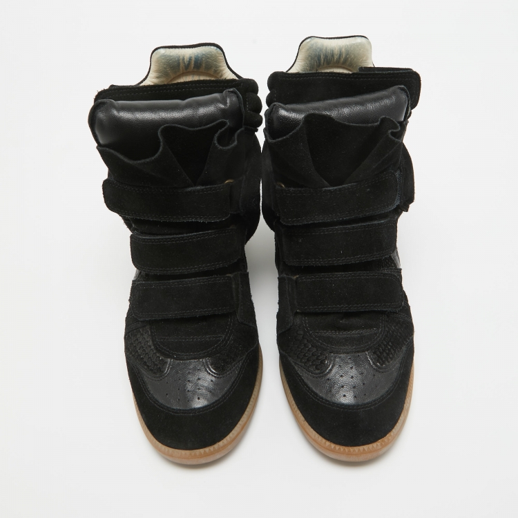 Pre Owned Isabel Marant Black Leather and Suede Over Basket Wedge High Top Sneakers Size 39