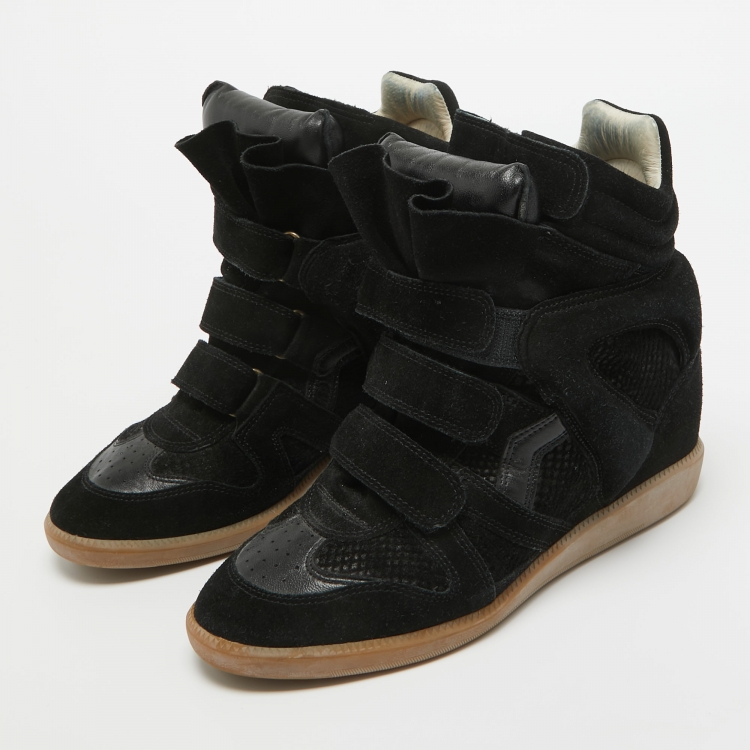 Pre Owned Isabel Marant Black Leather and Suede Over Basket Wedge High Top Sneakers Size 39