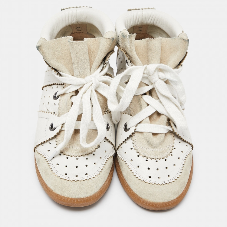 Pre Owned Isabel Marant White/Cream Perforated Leather and Suede Baya Wedge Sneakers Size 39