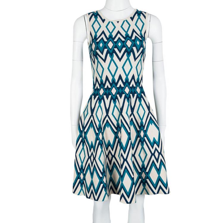 Pre Owned Issa Multicolor Knit Diamond Pattern Sleeveless Fit and Flare Dress S