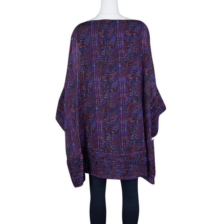 Pre Owned Issa Purple Printed Silk Frayed Trim Detail Oversized Tunic S