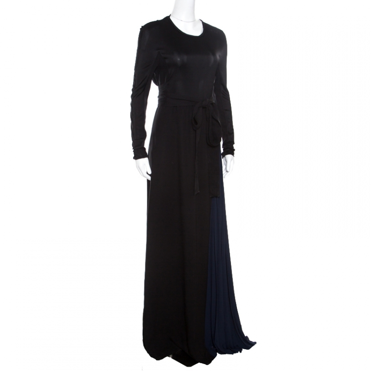 Pre Owned Issa Black Contrast Plisse Panel Detail Vanka Heavy Double Georgette Maxi Dress M