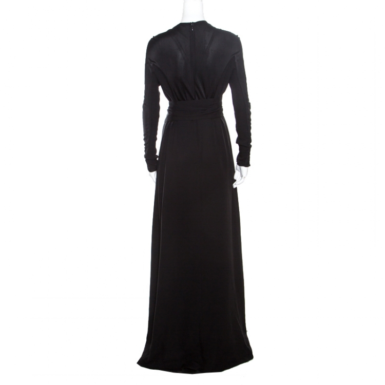Pre Owned Issa Black Contrast Plisse Panel Detail Vanka Heavy Double Georgette Maxi Dress M