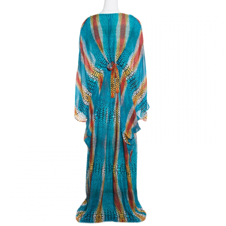 Pre Owned Issa Multicolor Snake Scale Printed Silk Tie Detail Kaftan S