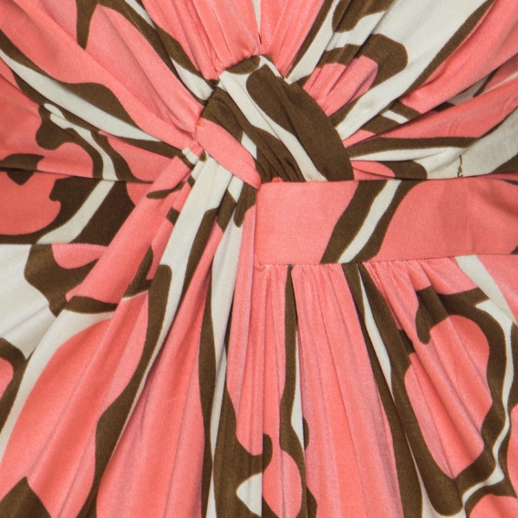 Pre Owned Issa Pink Abstract Print Silk Jersey Gathered Waist Maxi Dress S