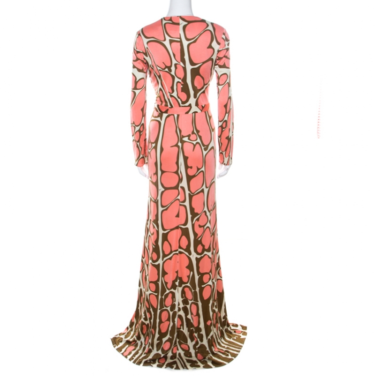 Pre Owned Issa Pink Abstract Print Silk Jersey Gathered Waist Maxi Dress S