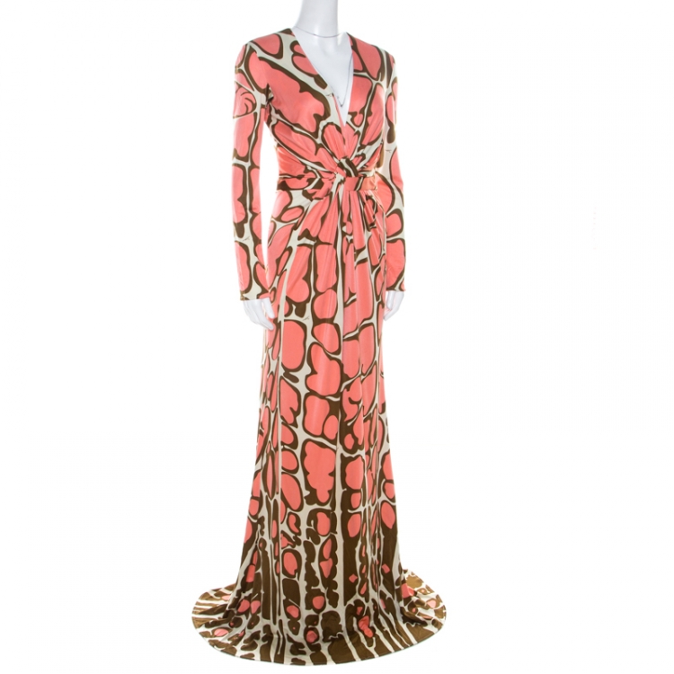 Pre Owned Issa Pink Abstract Print Silk Jersey Gathered Waist Maxi Dress S