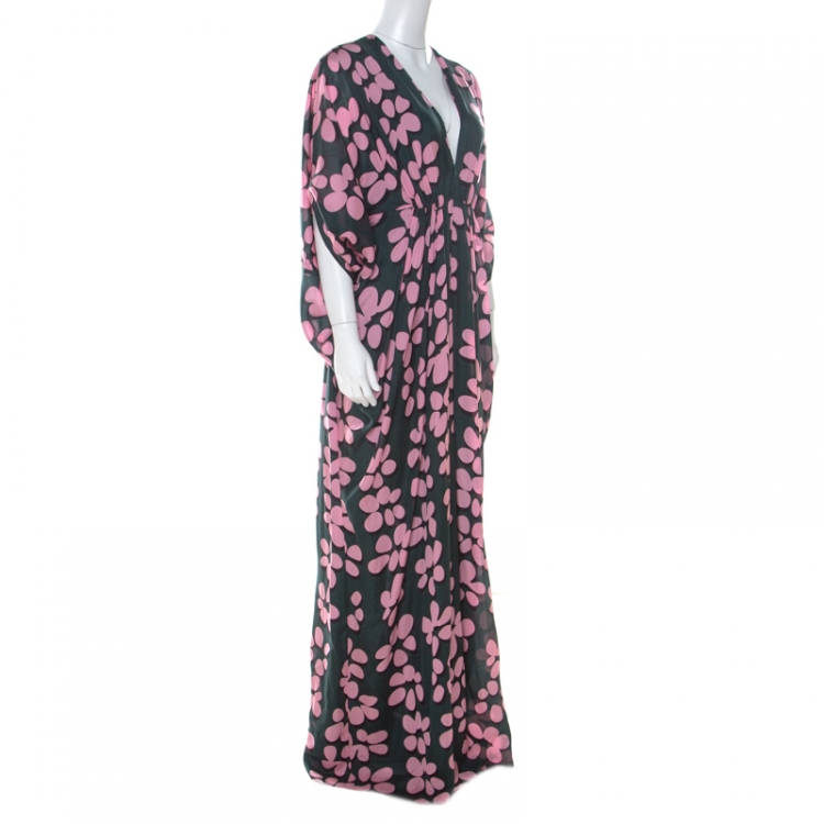 Pre Owned Issa Pink and Green Printed Silk Zip Front Kaftan Dress M