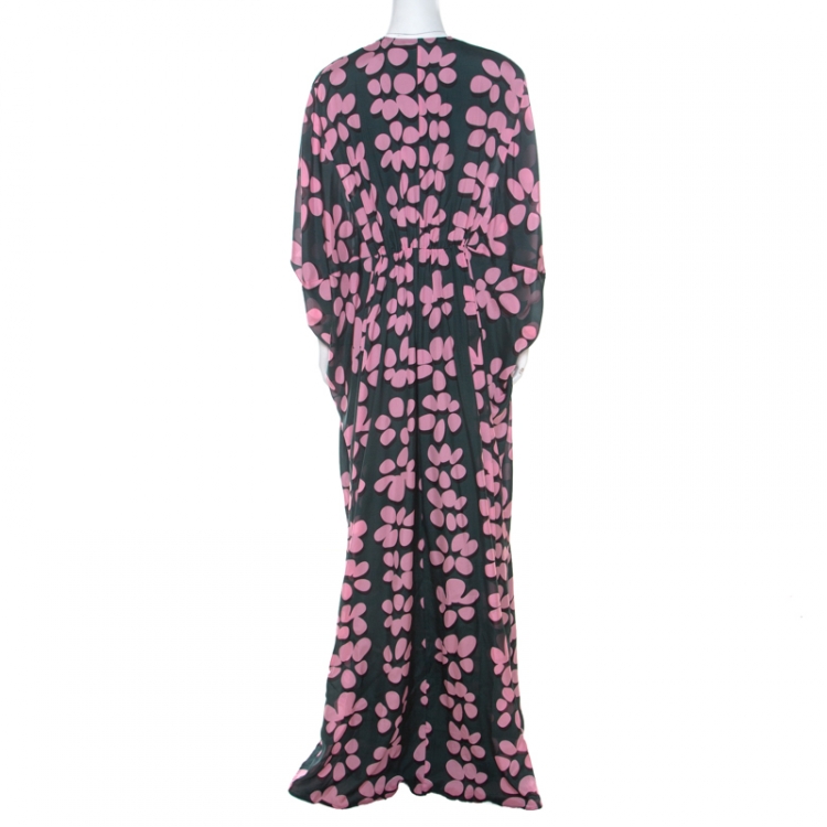 Pre Owned Issa Pink and Green Printed Silk Zip Front Kaftan Dress M