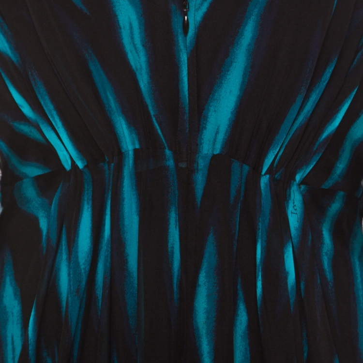 Pre Owned Issa Blue and Black Stripe Printed Silk Maxi Kaftan Dress S