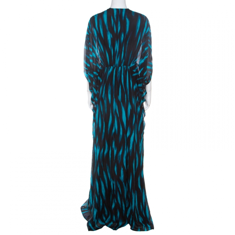 Pre Owned Issa Blue and Black Stripe Printed Silk Maxi Kaftan Dress S