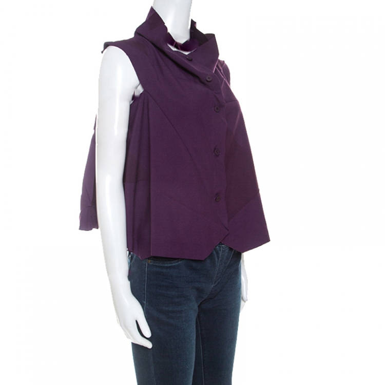 Pre Owned Issey Miyake Purple Wool Blend Geometric Patterned Buttoned Sleeveless Top XS