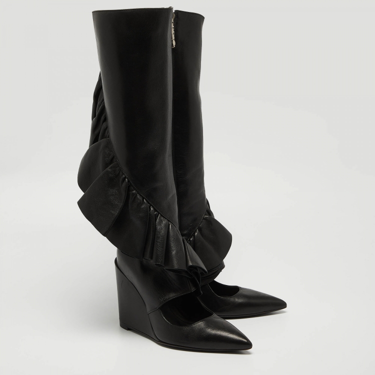 Pre Owned J.W.Anderson Black Leather Ruffle Knee Length Boots Size 38