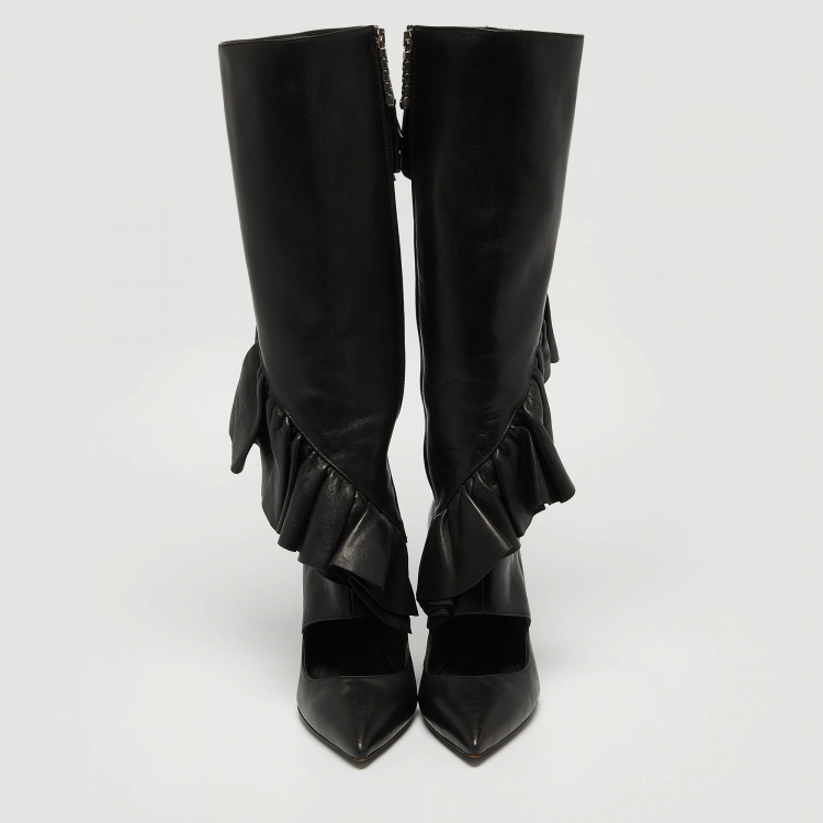 Pre Owned J.W.Anderson Black Leather Ruffle Knee Length Boots Size 38