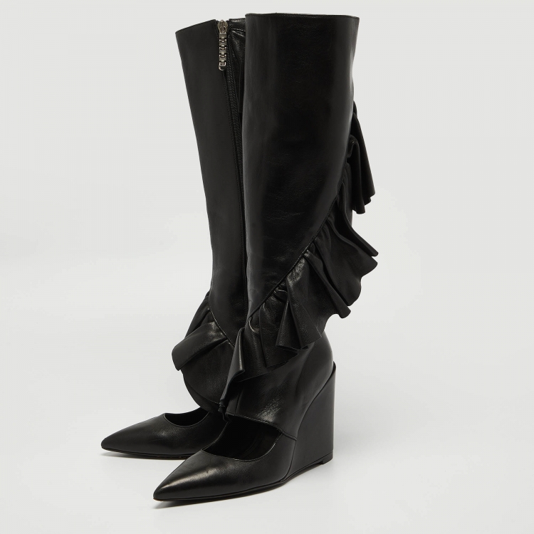 Pre Owned J.W.Anderson Black Leather Ruffle Knee Length Boots Size 38