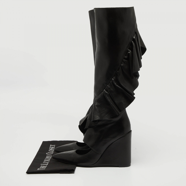Pre Owned J.W.Anderson Black Leather Ruffle Knee Length Boots Size 38