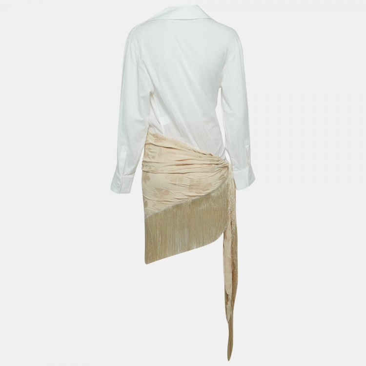 Pre Owned Jacquemus La Bomba White Cotton and Crepe Fringe Shirt Dress M