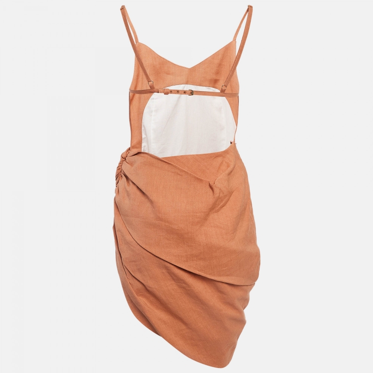Pre Owned Jacquemus La Robe Saudade Orange Hemp Blend Asymmetrical Mini Dress S
