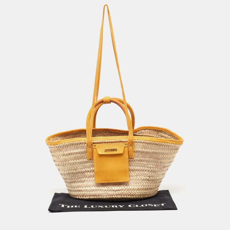 Pre Owned Jacquemus Beige/Yellow Straw and Suede Le Panier Soleil Basket Tote