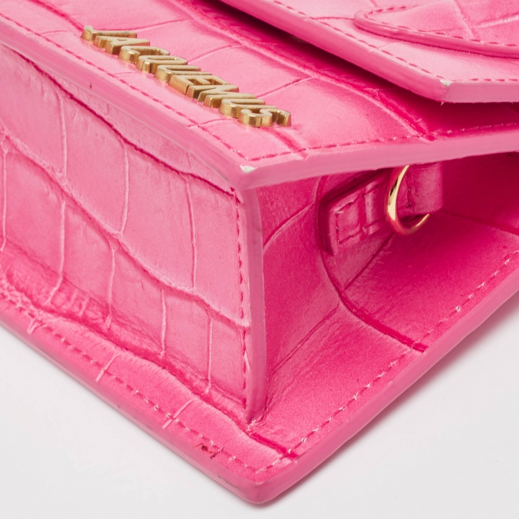 Pre Owned Jacquemus Pink Croc Leather Mini Le Chiquito Top Handle Bag