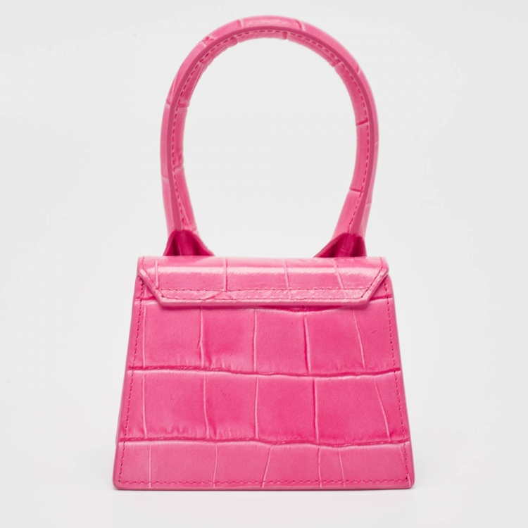 Pre Owned Jacquemus Pink Croc Leather Mini Le Chiquito Top Handle Bag