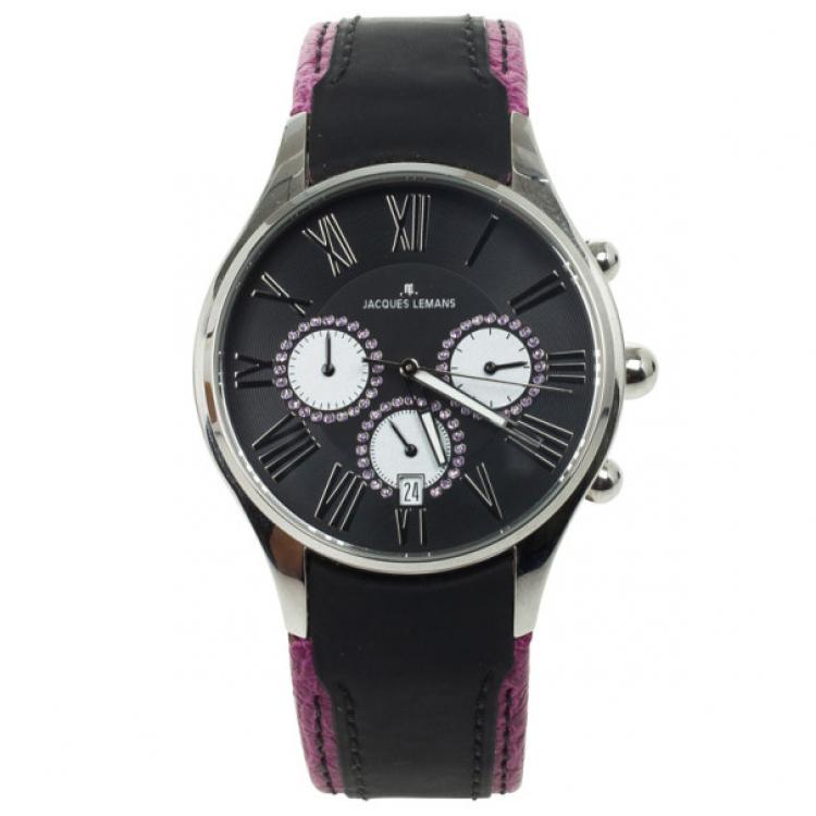 Pre Owned Jacques Lemans Capri 1-1606 SS Leather Chronograph Womens Wristwatch 40 MM