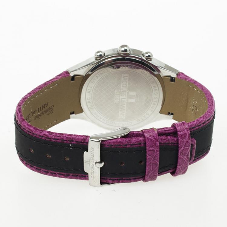 Pre Owned Jacques Lemans Capri 1-1606 SS Leather Chronograph Womens Wristwatch 40 MM