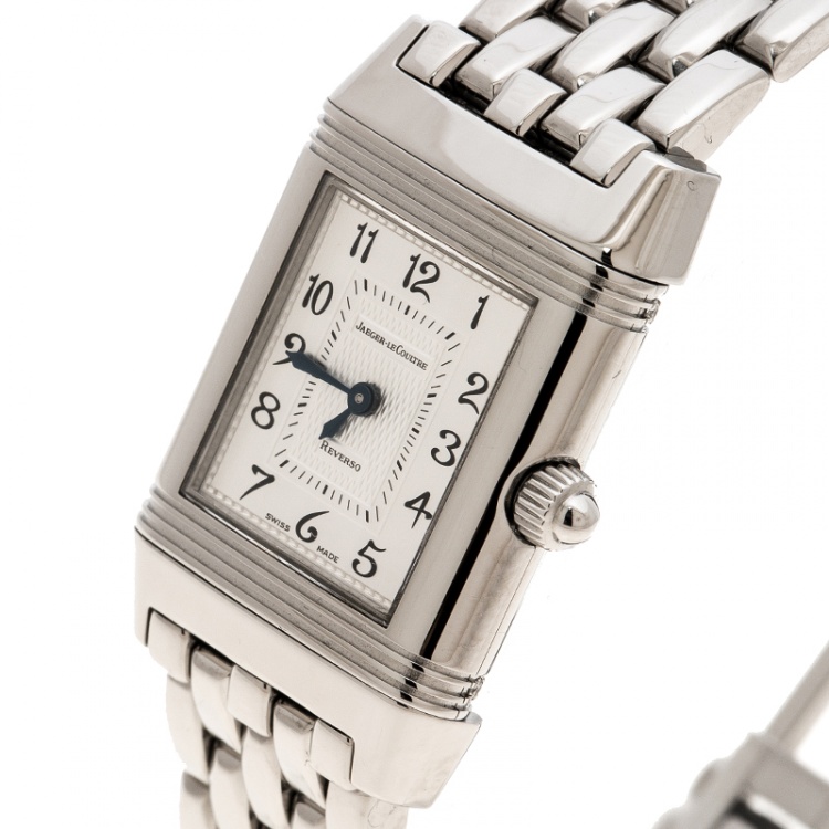 Pre Owned Jaeger LeCoultre White/Mother of Pearl Stainless Steel Diamonds Reverso Classic Duetto Women's Wristwatch 20 mm