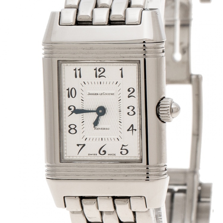 Pre Owned Jaeger LeCoultre White/Mother of Pearl Stainless Steel Diamonds Reverso Classic Duetto Women's Wristwatch 20 mm