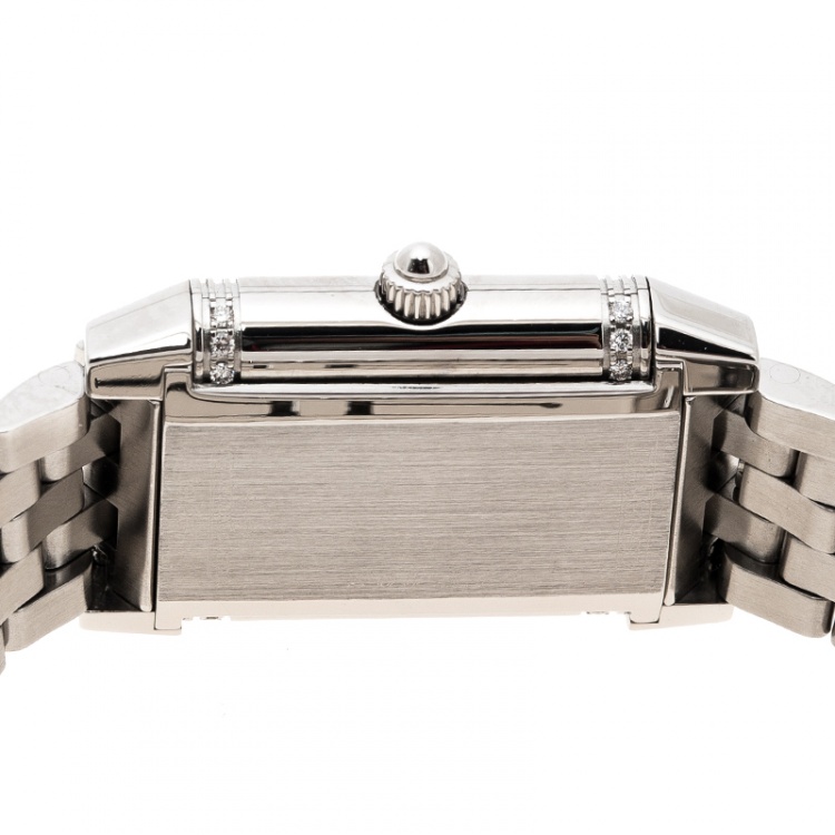 Pre Owned Jaeger LeCoultre White/Mother of Pearl Stainless Steel Diamonds Reverso Classic Duetto Women's Wristwatch 20 mm