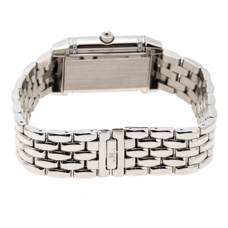 Pre Owned Jaeger LeCoultre White/Mother of Pearl Stainless Steel Diamonds Reverso Classic Duetto Women's Wristwatch 20 mm