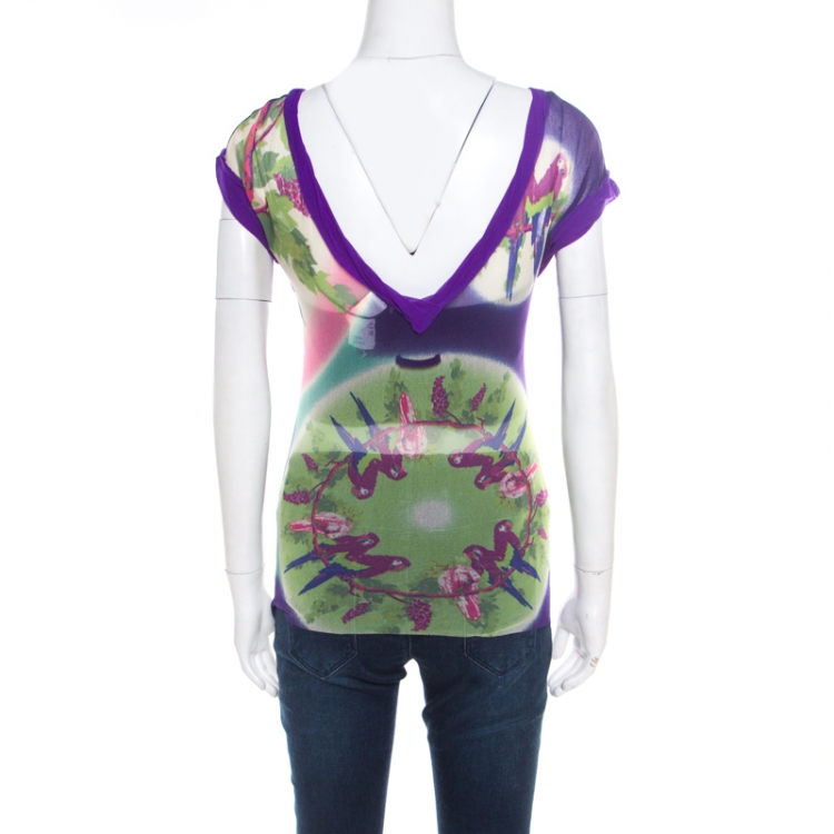 Pre Owned Jean Paul Gaultier Soleil Multicolor Printed Nylon Mesh Ruched Top XL