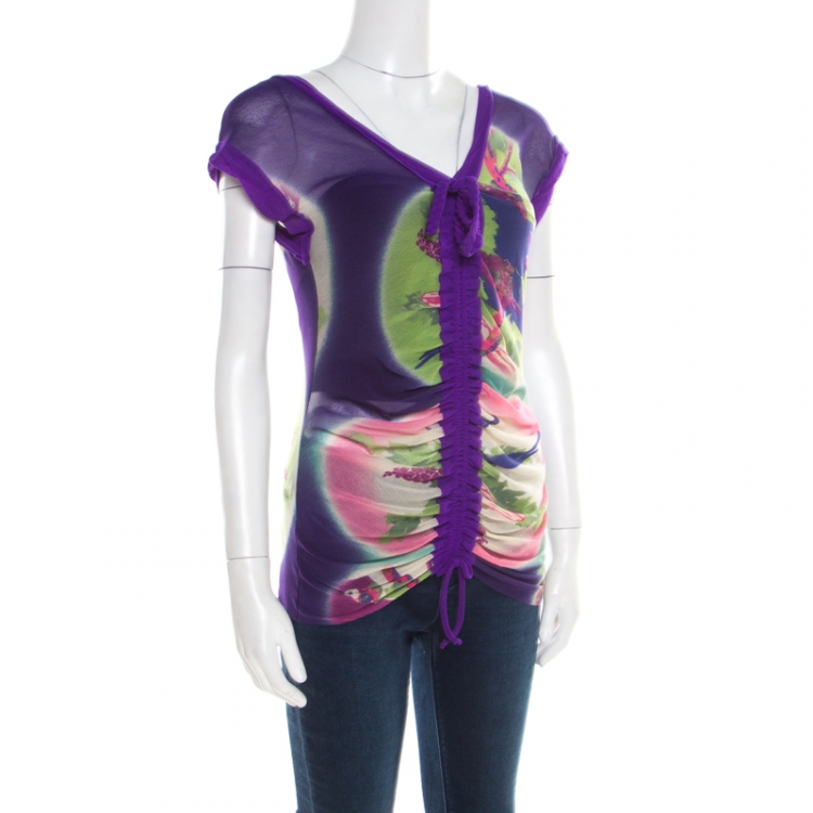 Pre Owned Jean Paul Gaultier Soleil Multicolor Printed Nylon Mesh Ruched Top XL