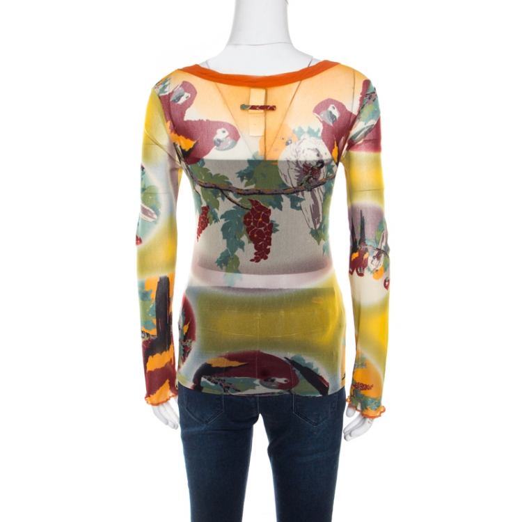Pre Owned Jean Paul Gaultier Soleil Multicolor Bird Printed Nylon Mesh Ruched Long Sleeve Top L