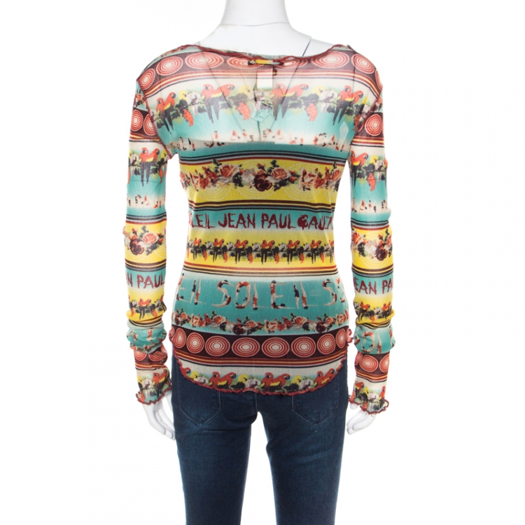 Pre Owned Jean Paul Gaultier Soleil Multicolor Printed Nylon Mesh Ruched Long Sleeve Top L