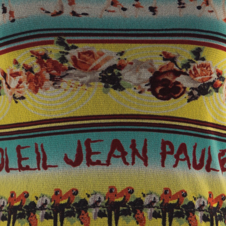 Pre Owned Jean Paul Gaultier Soleil Multicolor Printed Nylon Mesh Ruched Long Sleeve Top L