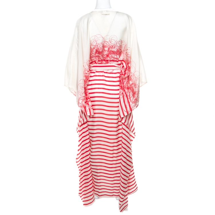 Pre Owned Jean Paul Gaultier Soleil Cream and Red Printed Silk Oversized Belted Kaftan Tunic M