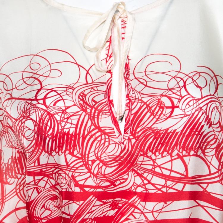 Pre Owned Jean Paul Gaultier Soleil Cream and Red Printed Silk Oversized Belted Kaftan Tunic M