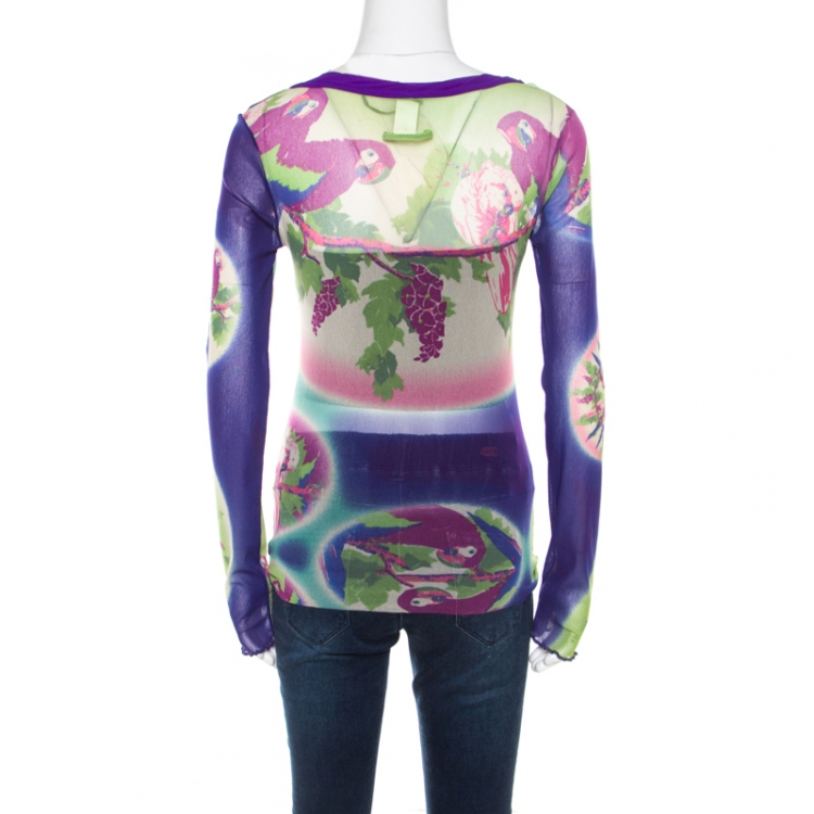 Pre Owned Jean Paul Gaultier Soleil Multicolor Floral Printed Nylon Mesh Ruched Long Sleeve Top L