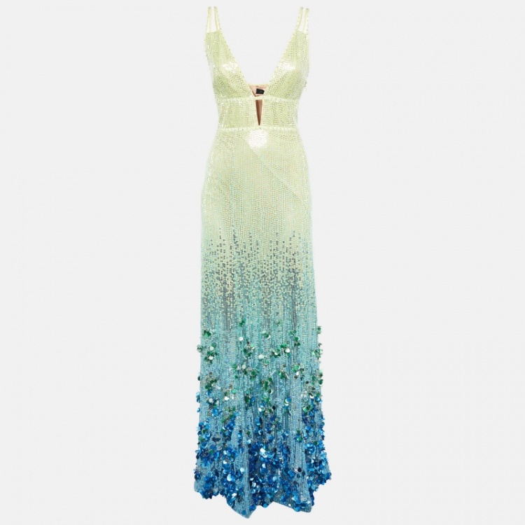 Pre Owned Jenny Packham Citrus Kingfisher Yellow Sequin Sleeveless Gown S