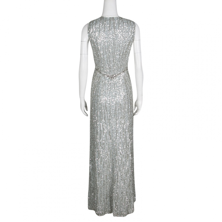 Pre Owned Jenny Packham Grey Sequin Embellished V-Neck Sleeveless Gown S