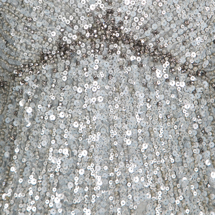 Pre Owned Jenny Packham Grey Sequin Embellished V-Neck Sleeveless Gown S