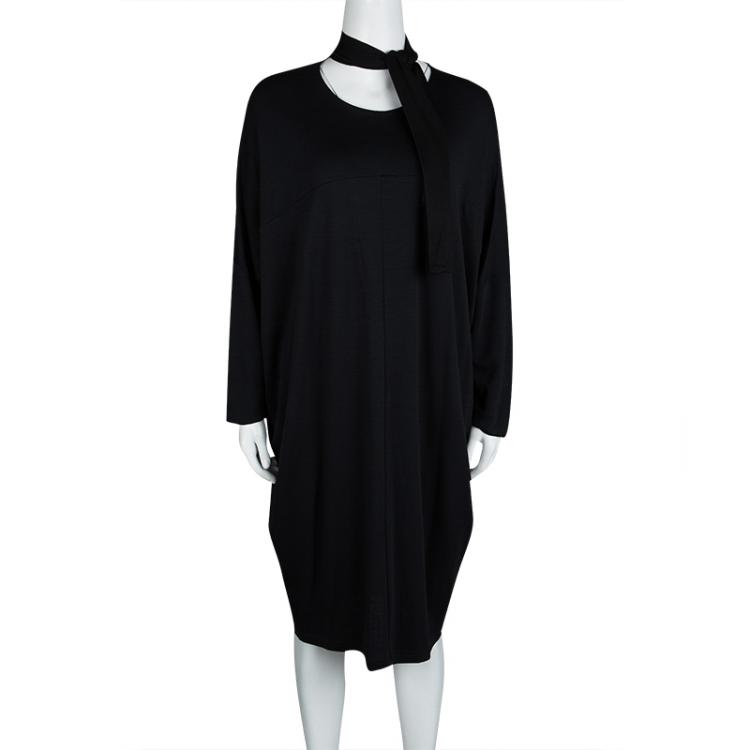 Pre Owned Jil Sander Black Slub Jersey Neck Tie Detail Oversized Dress M