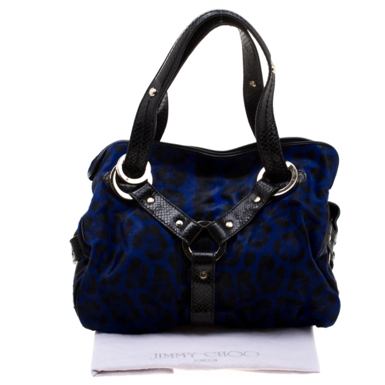 Pre Owned Jimmy Choo Black/Blue Leopard Print Calfhair and Leather Odette Bag