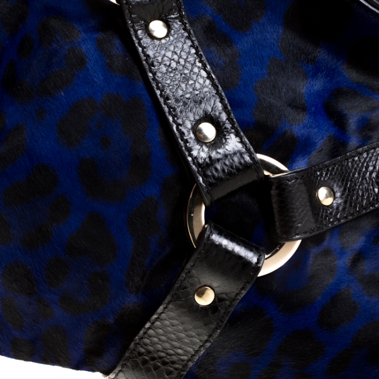 Pre Owned Jimmy Choo Black/Blue Leopard Print Calfhair and Leather Odette Bag