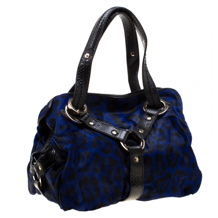 Pre Owned Jimmy Choo Black/Blue Leopard Print Calfhair and Leather Odette Bag