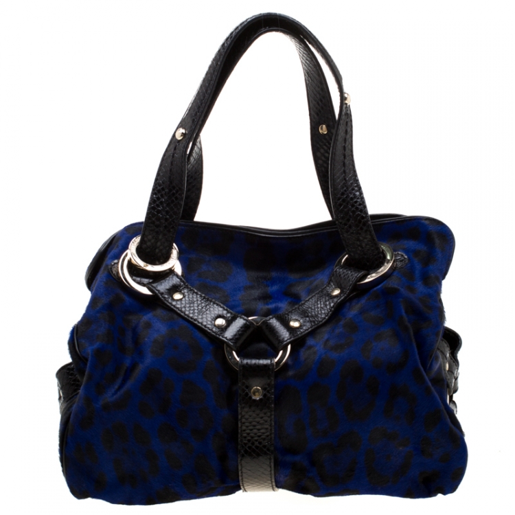 Pre Owned Jimmy Choo Black/Blue Leopard Print Calfhair and Leather Odette Bag