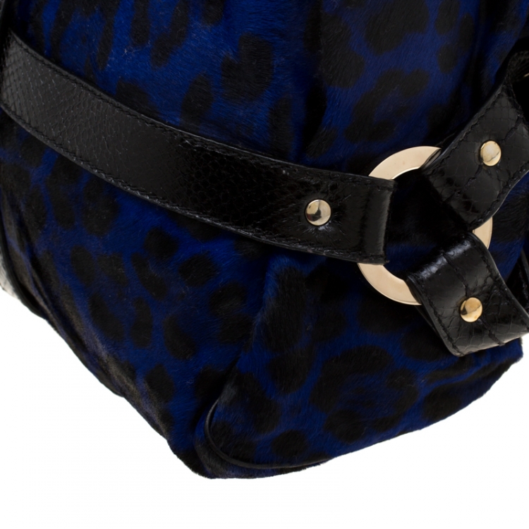 Pre Owned Jimmy Choo Black/Blue Leopard Print Calfhair and Leather Odette Bag