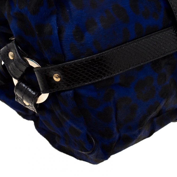 Pre Owned Jimmy Choo Black/Blue Leopard Print Calfhair and Leather Odette Bag